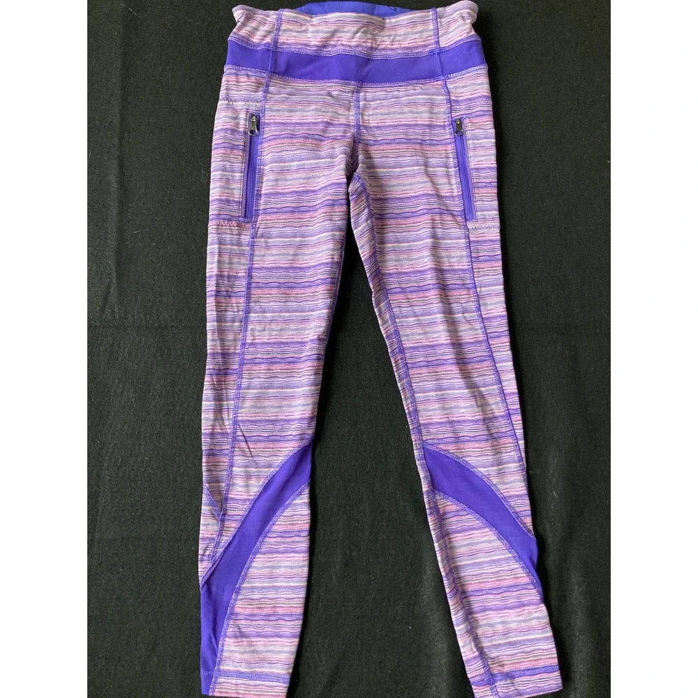 Lululemon Athletica Size 4 Purple Pink Stripe Athletic Legging Pants Zip Pockets